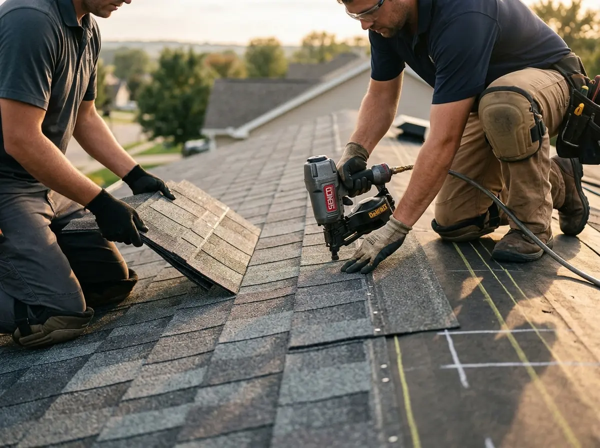 Professional roofer working on a residential roof in Snoqualmie